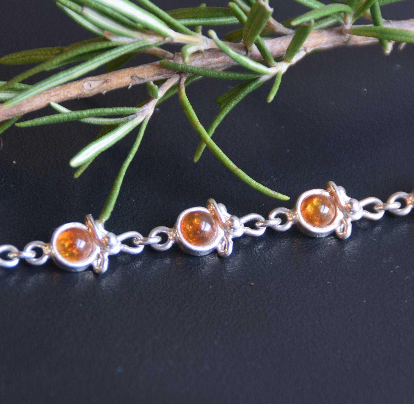 Adjustable bracelet made with cognac-colored natural Amber and 925 Silver, MJ Baltica, BB116