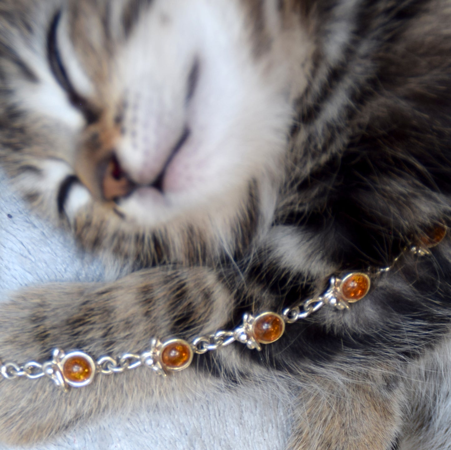 Adjustable bracelet made with cognac-colored natural Amber and 925 Silver, MJ Baltica, BB116