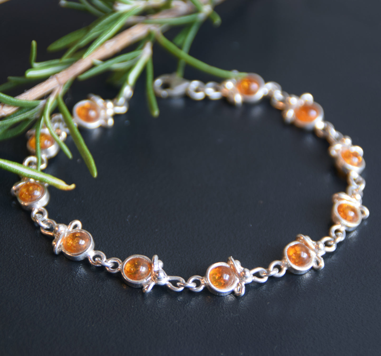 Adjustable bracelet made with cognac-colored natural Amber and 925 Silver, MJ Baltica, BB116