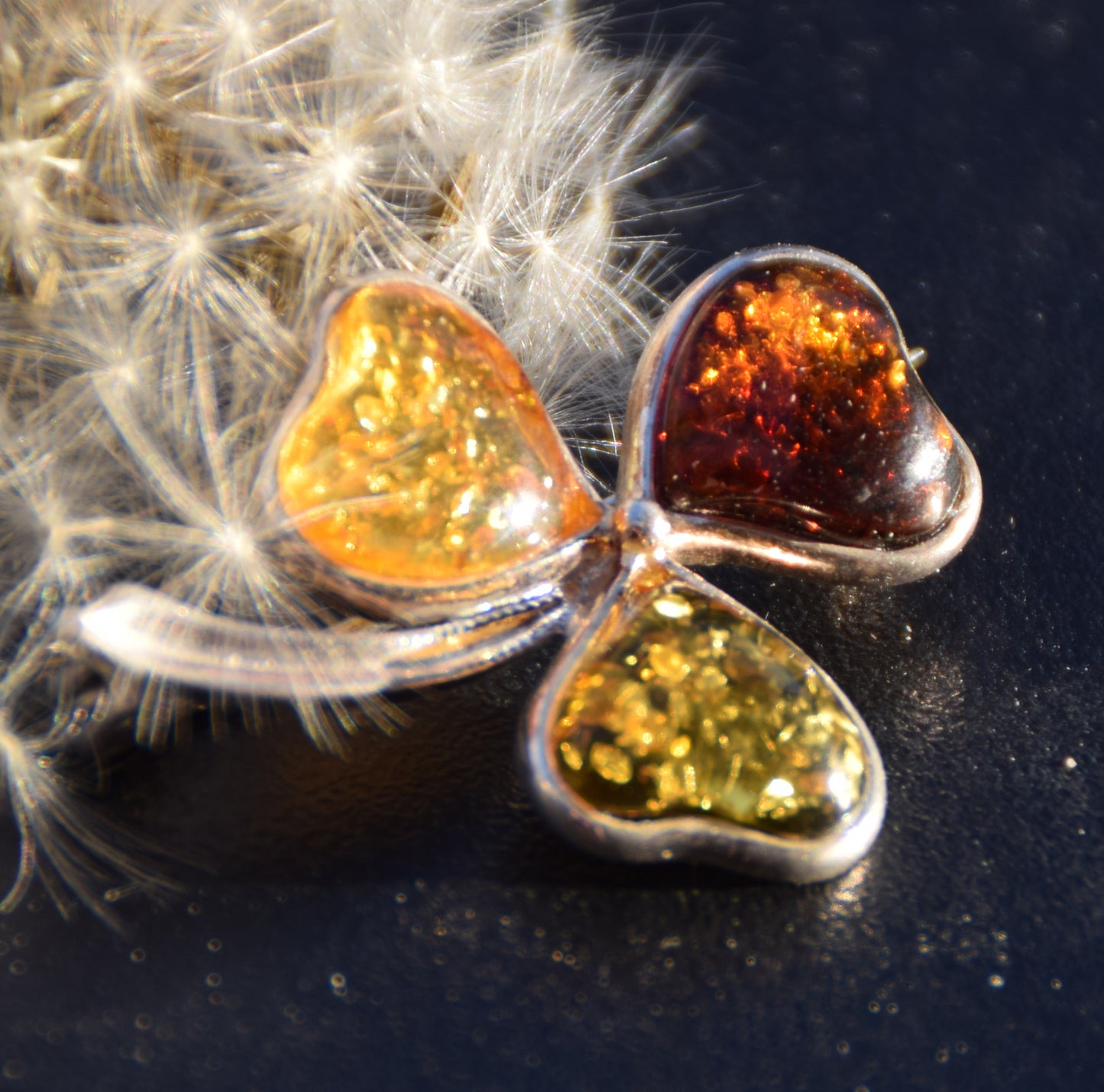 MJ Baltica, spilla, Ambra naturale Baltica, Argento 925, fiore, trifoglio, multicolore, BBR011