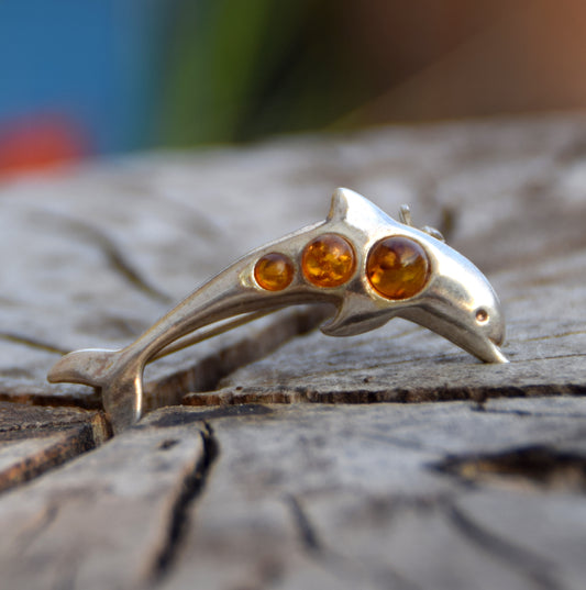 MJ Baltica, spilla, Ambra naturale Baltica, Argento 925, delfino, salto, delizioso, BBR013