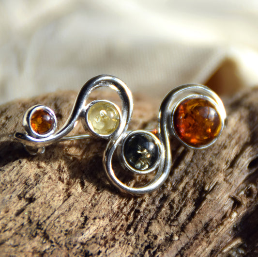 Bright brooch created with natural Amber of various shades and 925 Silver, MJ Baltica, BBR015