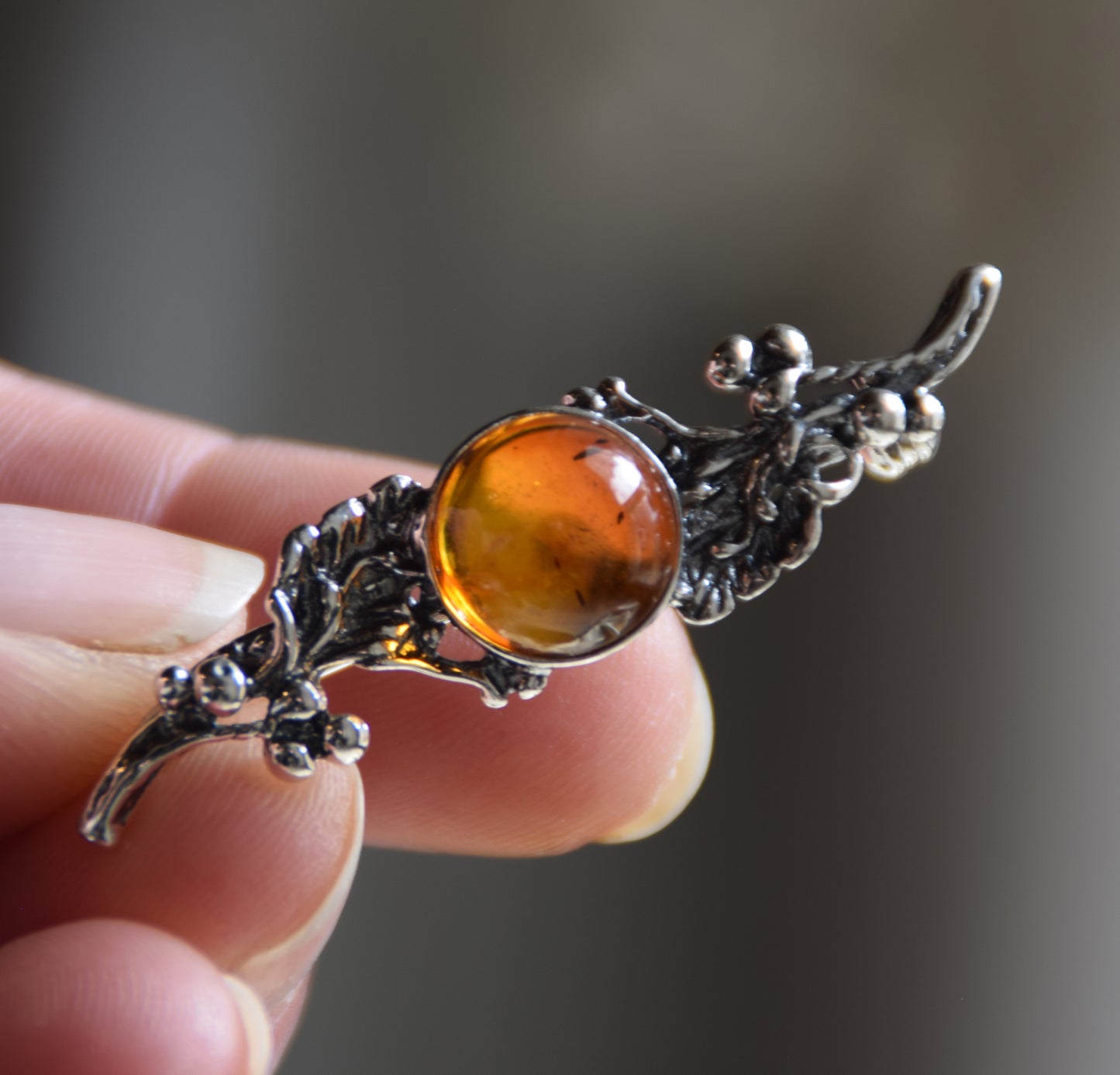 Vintage brooch with floral design created with natural cognac-colored Amber and 925 Silver, MJ Baltica, BBR016
