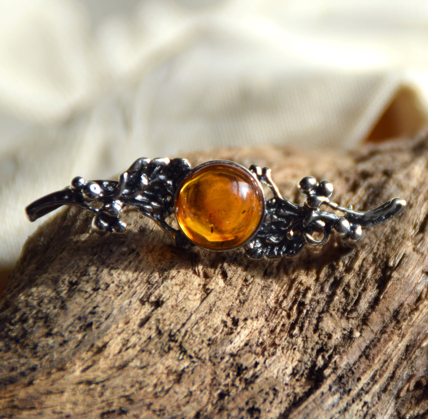Vintage brooch with floral design created with natural cognac-colored Amber and 925 Silver, MJ Baltica, BBR016