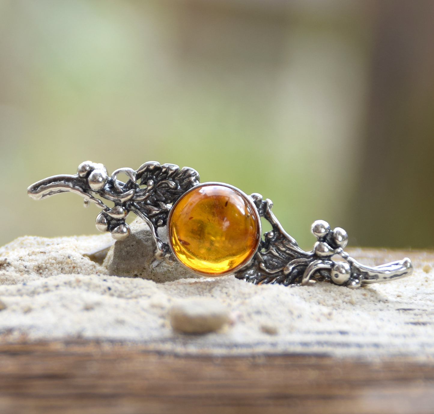 Vintage brooch with floral design created with natural cognac-colored Amber and 925 Silver, MJ Baltica, BBR016