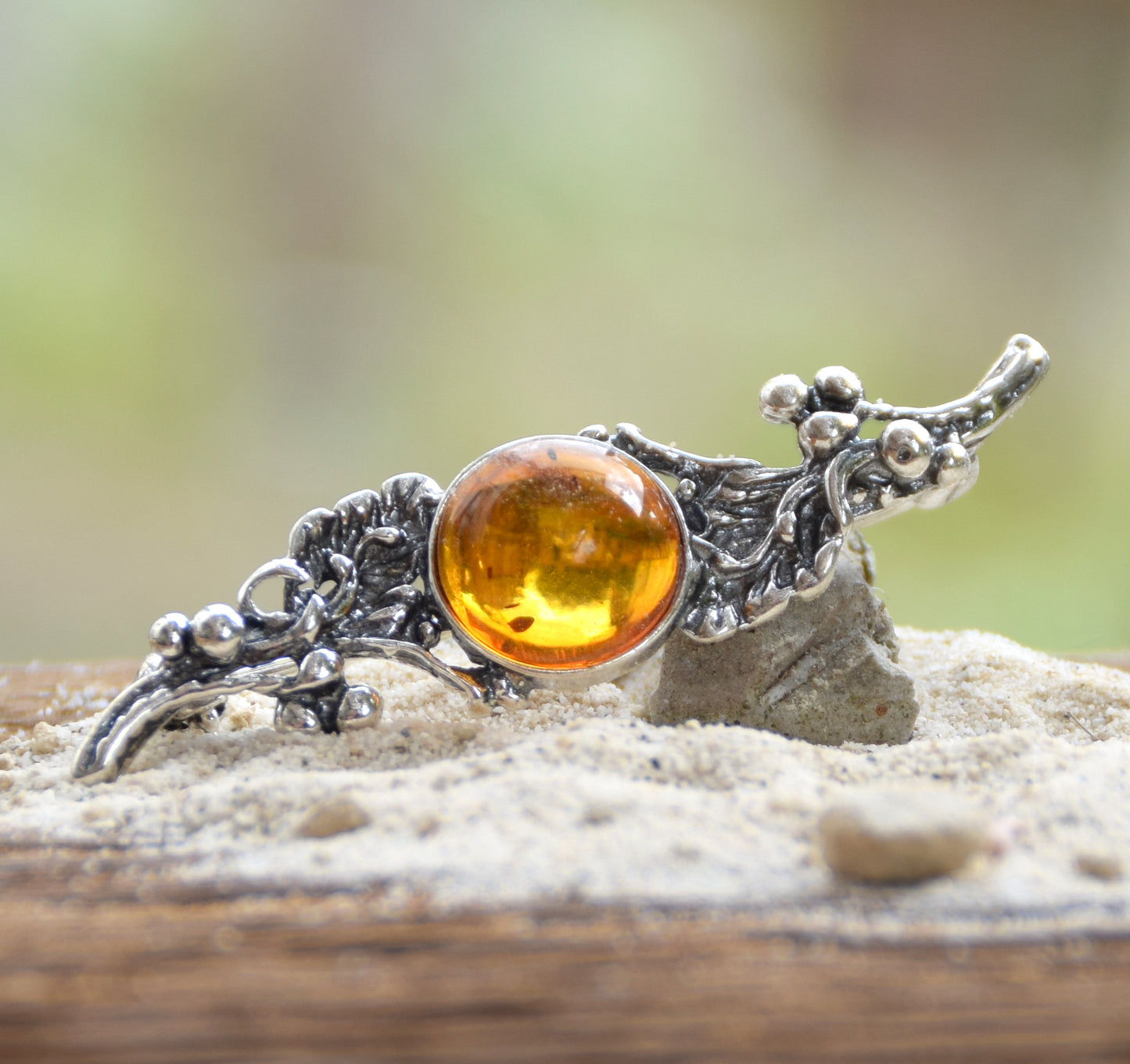 Vintage brooch with floral design created with natural cognac-colored Amber and 925 Silver, MJ Baltica, BBR016