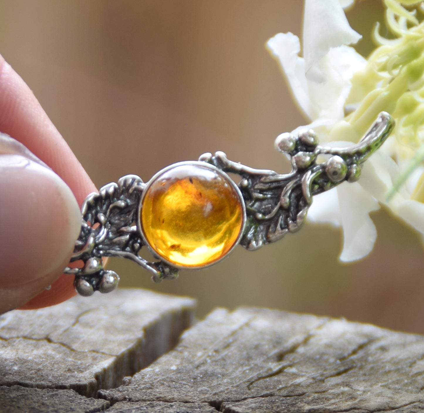 Vintage brooch with floral design created with natural cognac-colored Amber and 925 Silver, MJ Baltica, BBR016