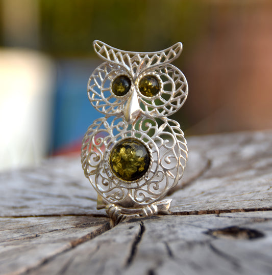 MJ Baltica, spilla, Ambra naturale Baltica, Argento 925, gufo, filigrana, bellissimo, Ambra Verde, BBR020