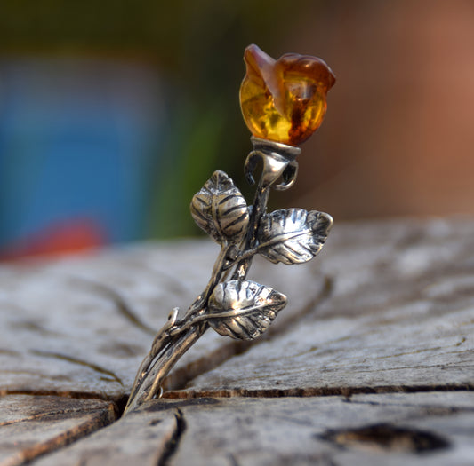 MJ Baltica, spilla, Ambra naturale Baltica, Argento 925, rosa, fiore, artigianale, BBR031