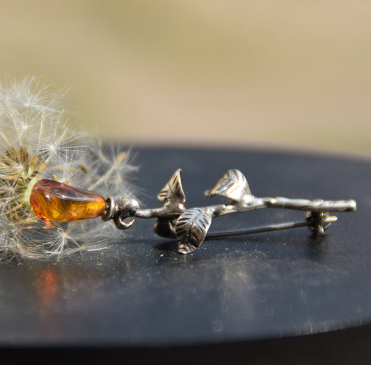 MJ Baltica, spilla, Ambra naturale Baltica, Argento 925, rosa, fiore, artigianale, BBR034