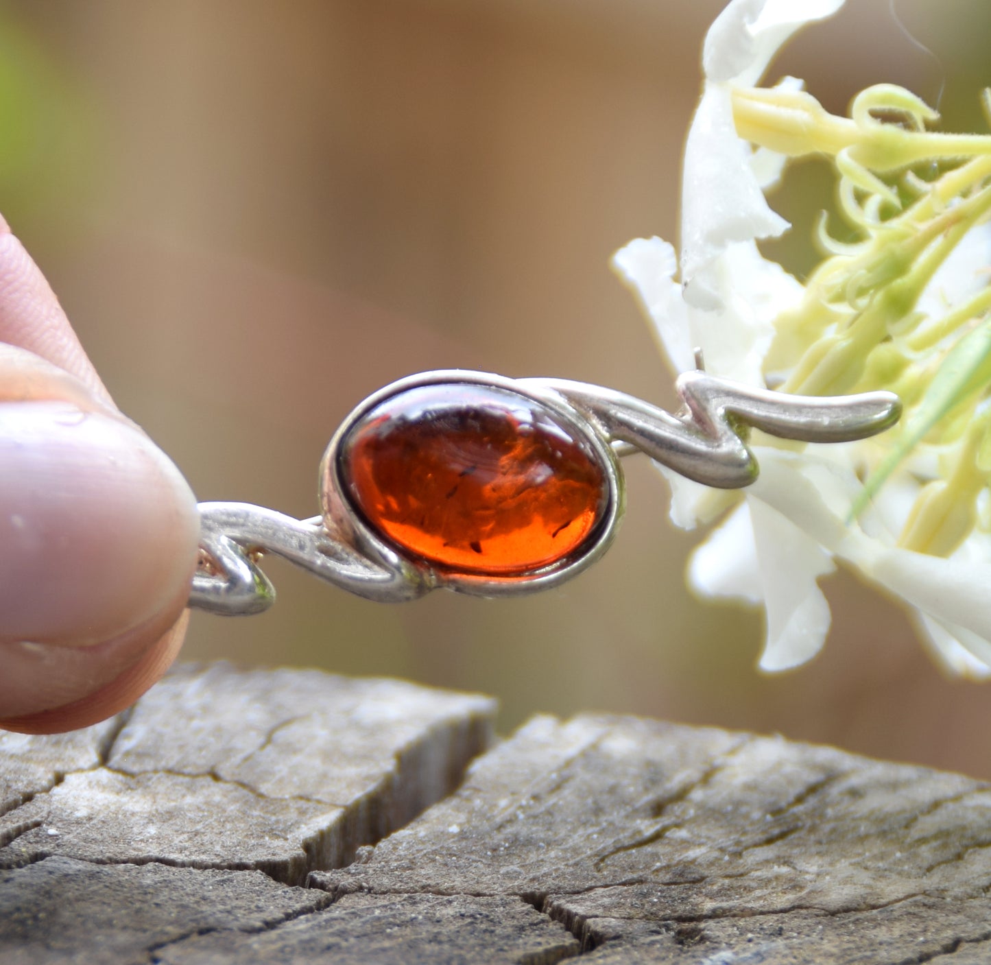 Bright brooch made with dark brown natural Amber and 925 Silver, MJ Baltica, BBR047
