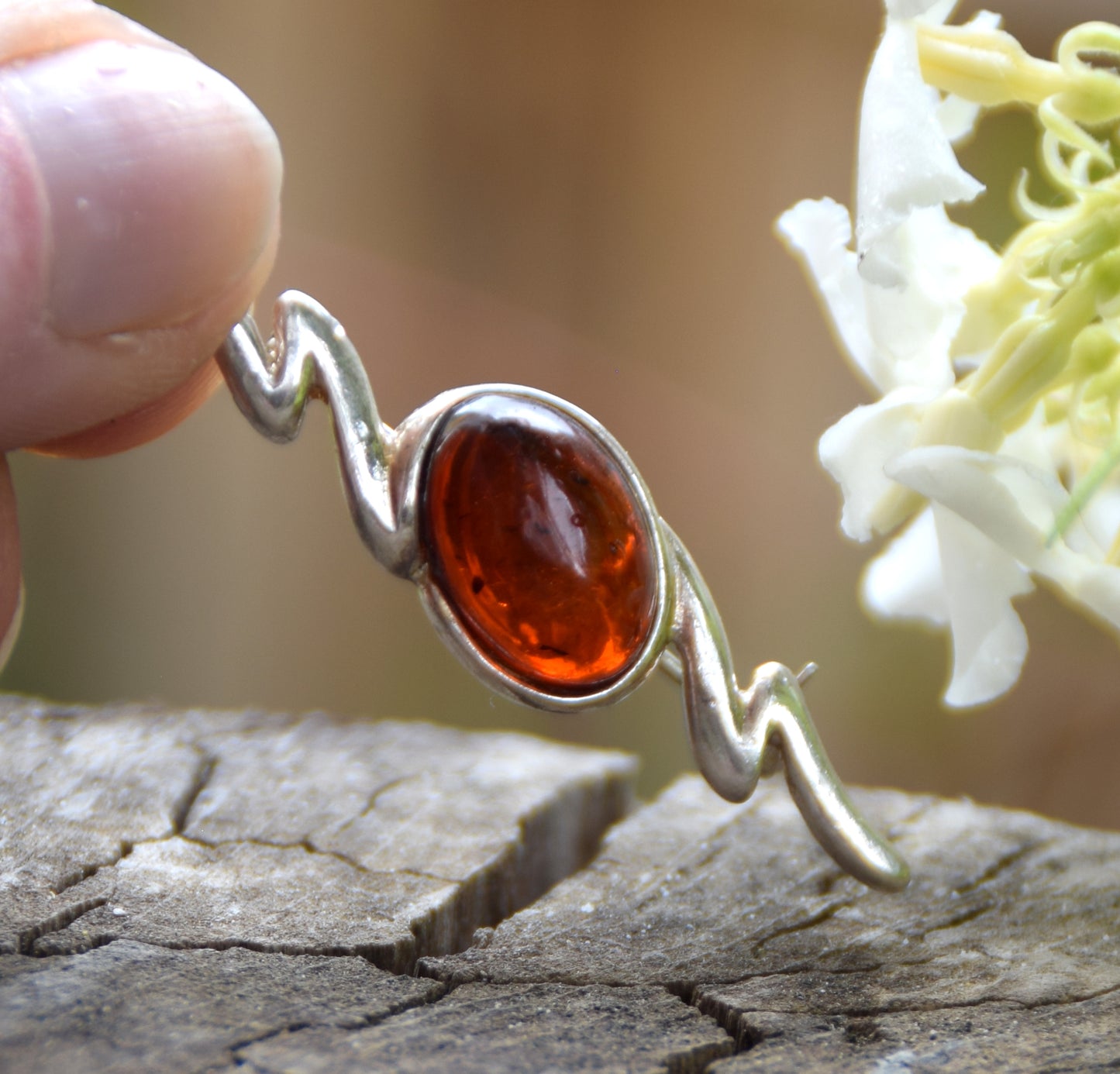 Bright brooch made with dark brown natural Amber and 925 Silver, MJ Baltica, BBR047