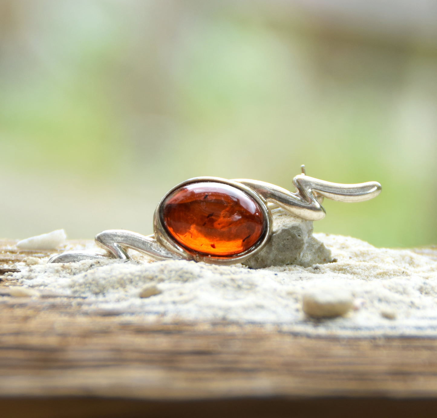 Bright brooch made with dark brown natural Amber and 925 Silver, MJ Baltica, BBR047
