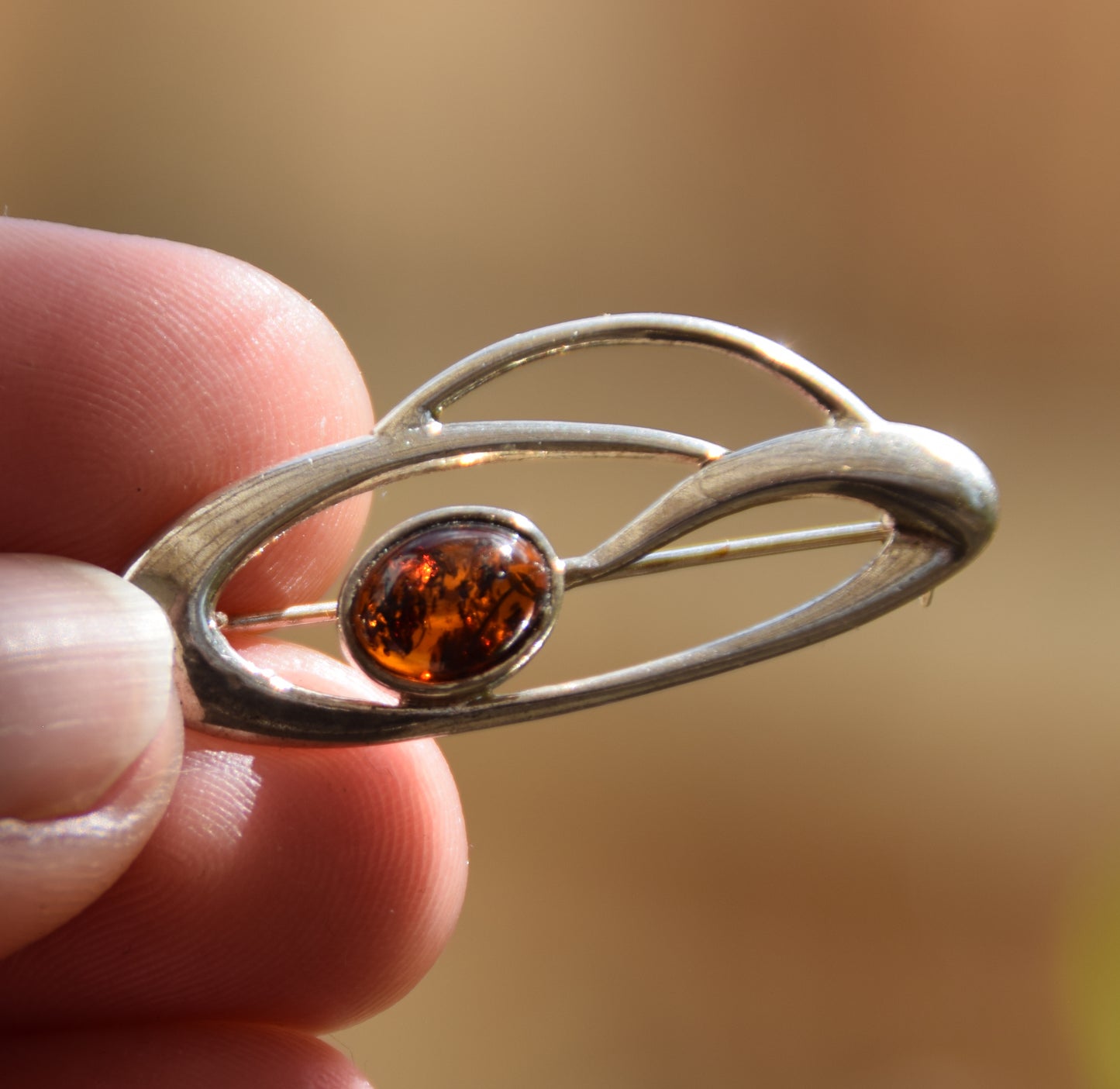 Delicate Art Nouveau brooch created with dark brown natural amber and 925 Silver, MJ Baltica, BBR048