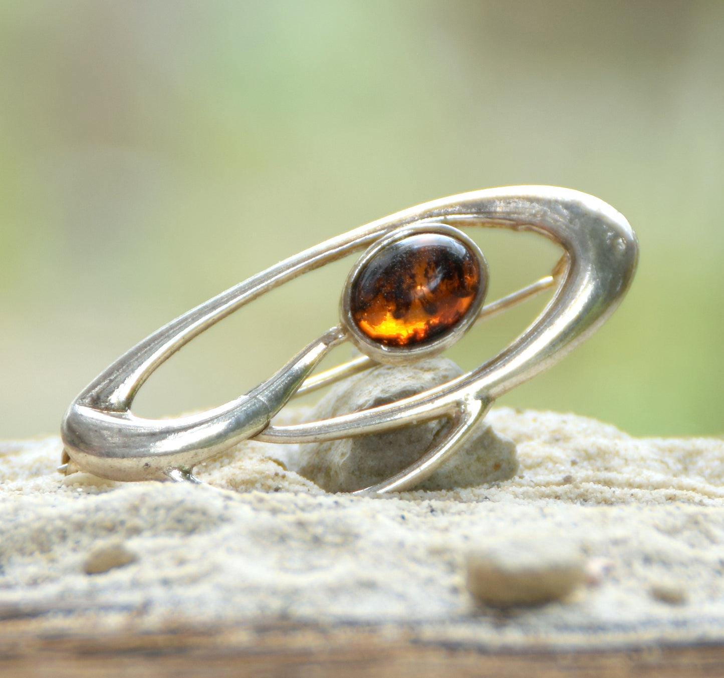 Delicate Art Nouveau brooch created with dark brown natural amber and 925 Silver, MJ Baltica, BBR048