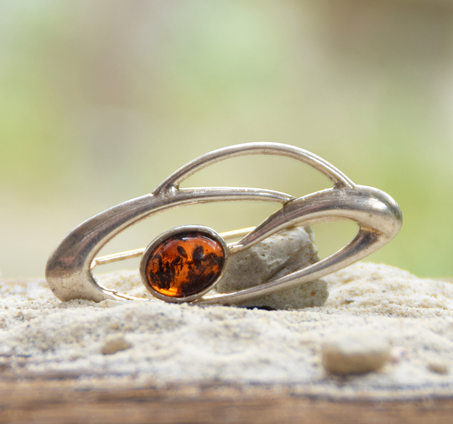 Delicate Art Nouveau brooch created with dark brown natural amber and 925 Silver, MJ Baltica, BBR048