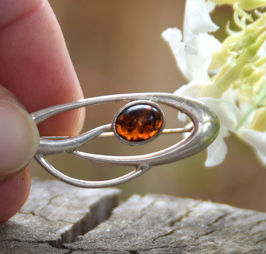 Delicate Art Nouveau brooch created with dark brown natural amber and 925 Silver, MJ Baltica, BBR048
