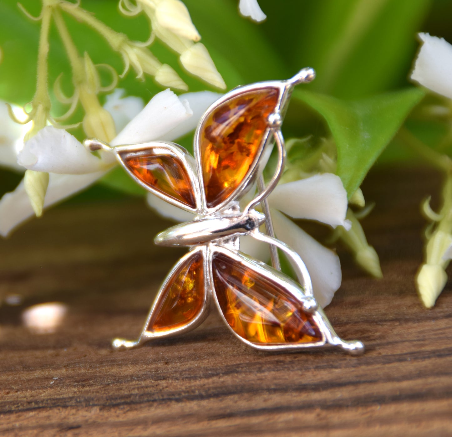 Bright butterfly brooch made with natural cognac Amber and 925 Silver, MJ Baltica, BBR056