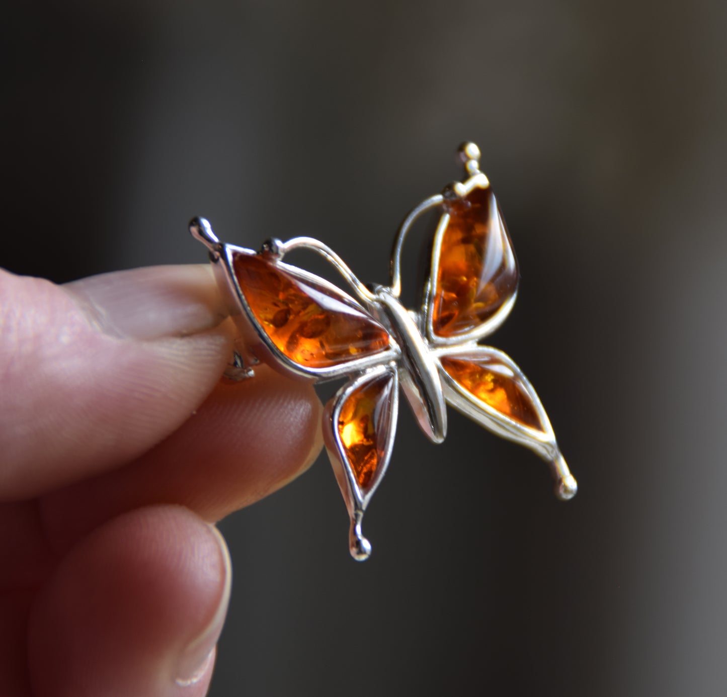 Bright butterfly brooch made with natural cognac Amber and 925 Silver, MJ Baltica, BBR056