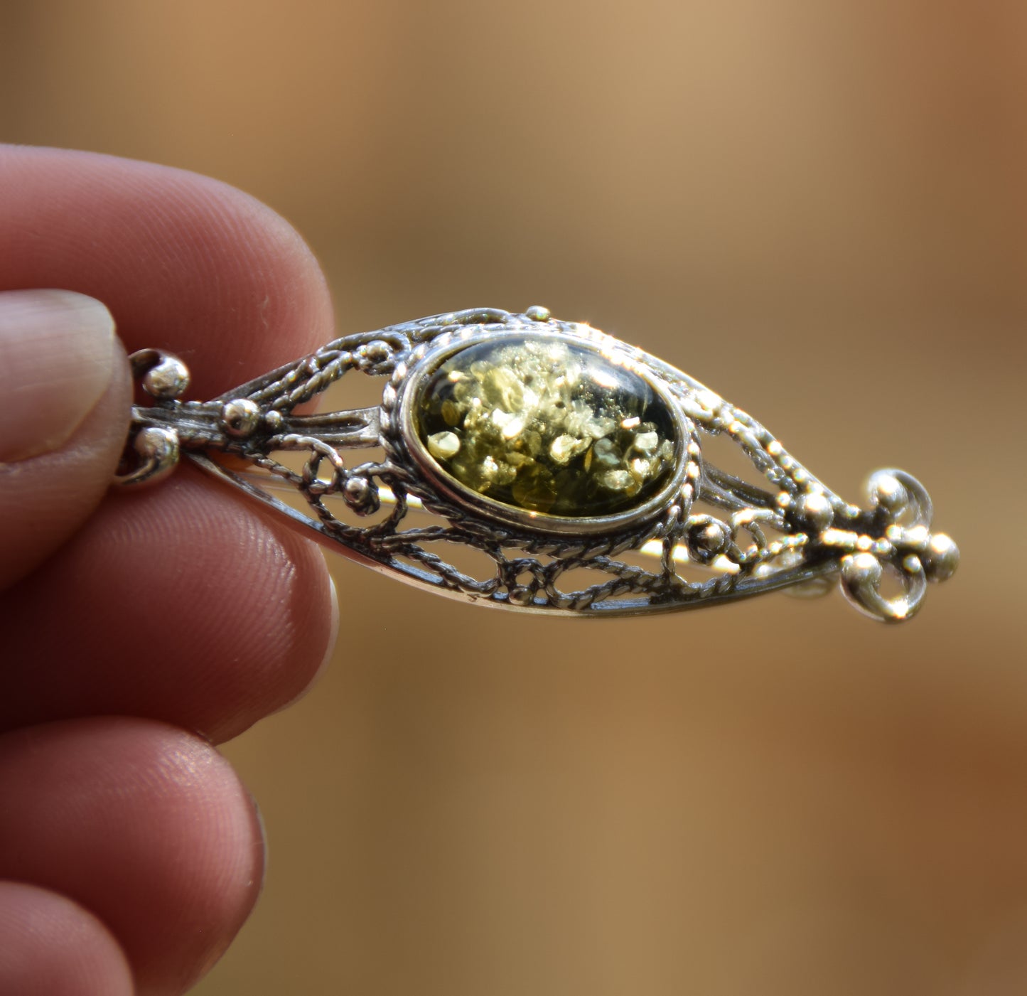 Vintage brooch with filigree design created with natural green Amber and 925 Sterling Silver, MJ Baltica, BBR061