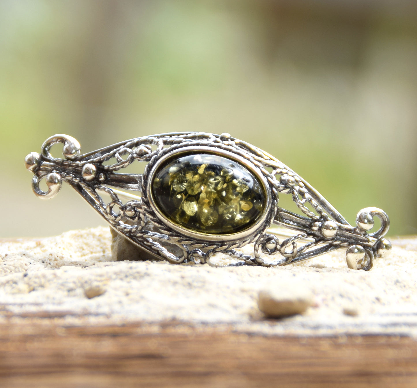 Vintage brooch with filigree design created with natural green Amber and 925 Sterling Silver, MJ Baltica, BBR061