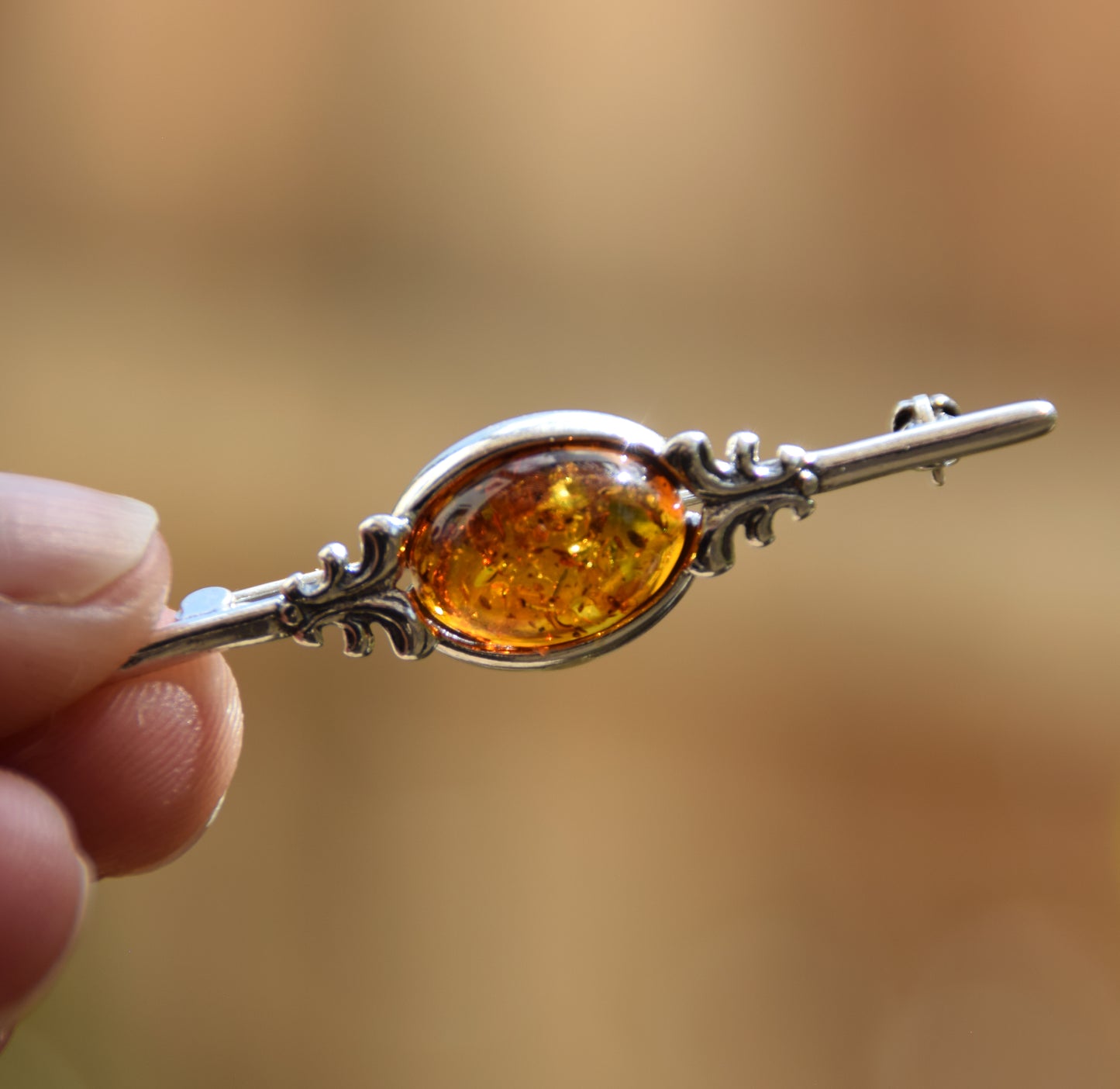 Vintage brooch created with cognac-colored natural Amber and 925 Silver, MJ Baltica, BBR062