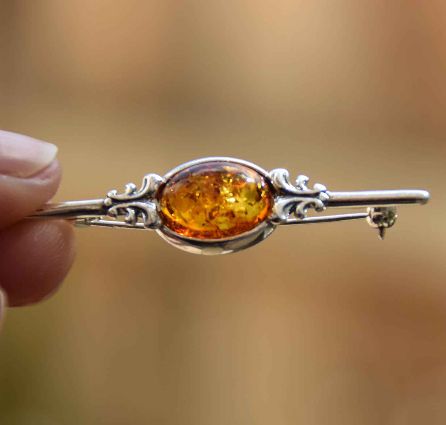Vintage brooch created with cognac-colored natural Amber and 925 Silver, MJ Baltica, BBR062