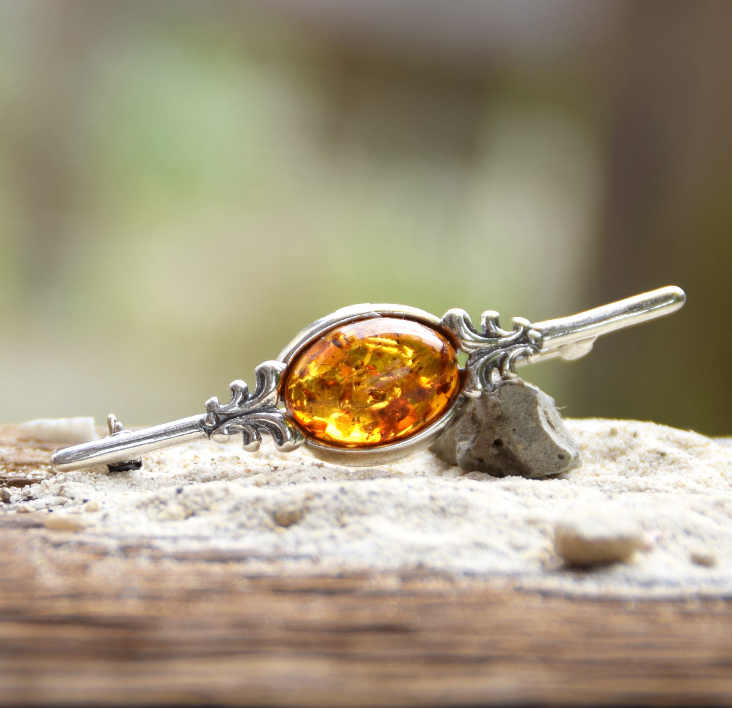 Vintage brooch created with cognac-colored natural Amber and 925 Silver, MJ Baltica, BBR062