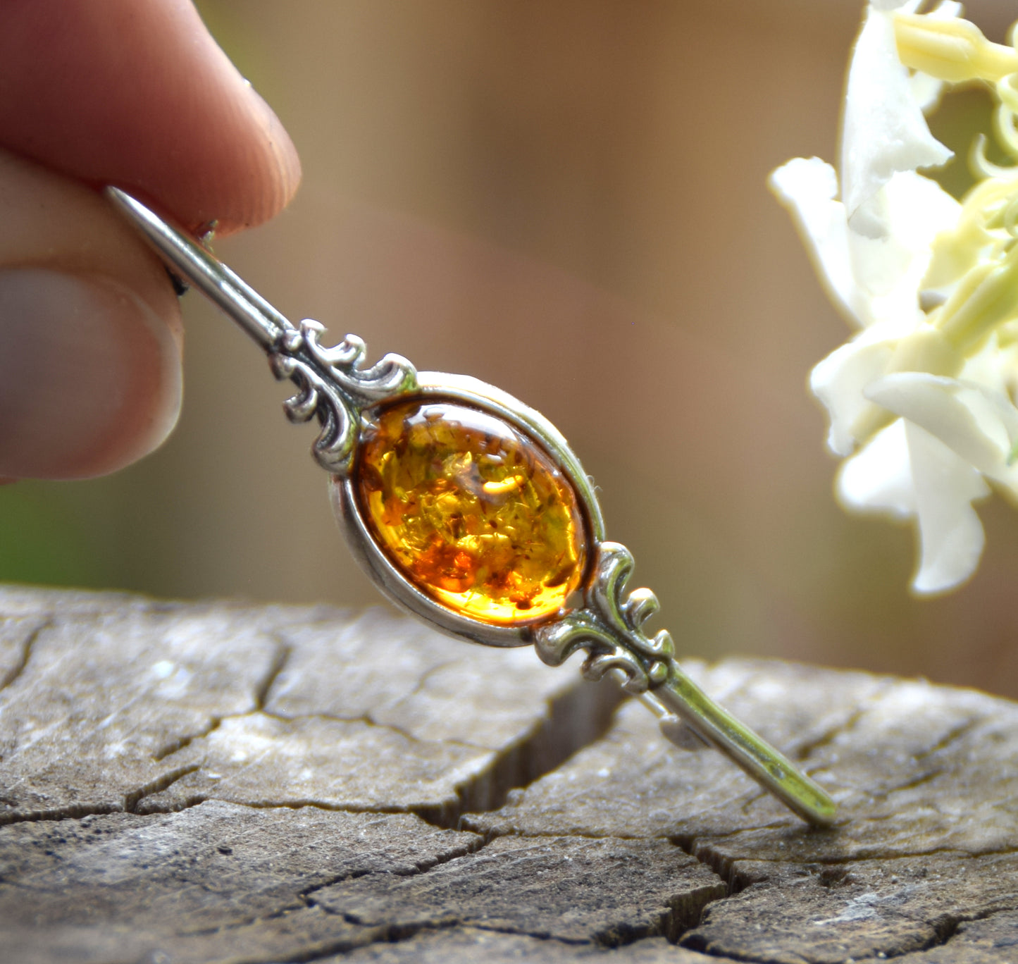 Vintage brooch created with cognac-colored natural Amber and 925 Silver, MJ Baltica, BBR062