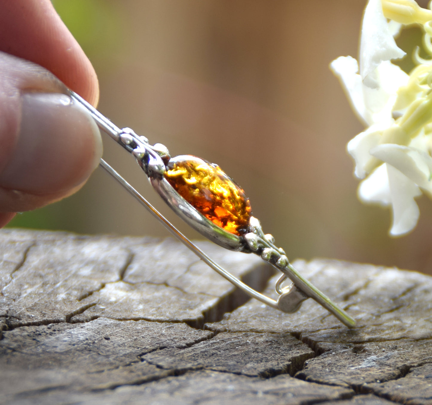 Vintage brooch created with cognac-colored natural Amber and 925 Silver, MJ Baltica, BBR062