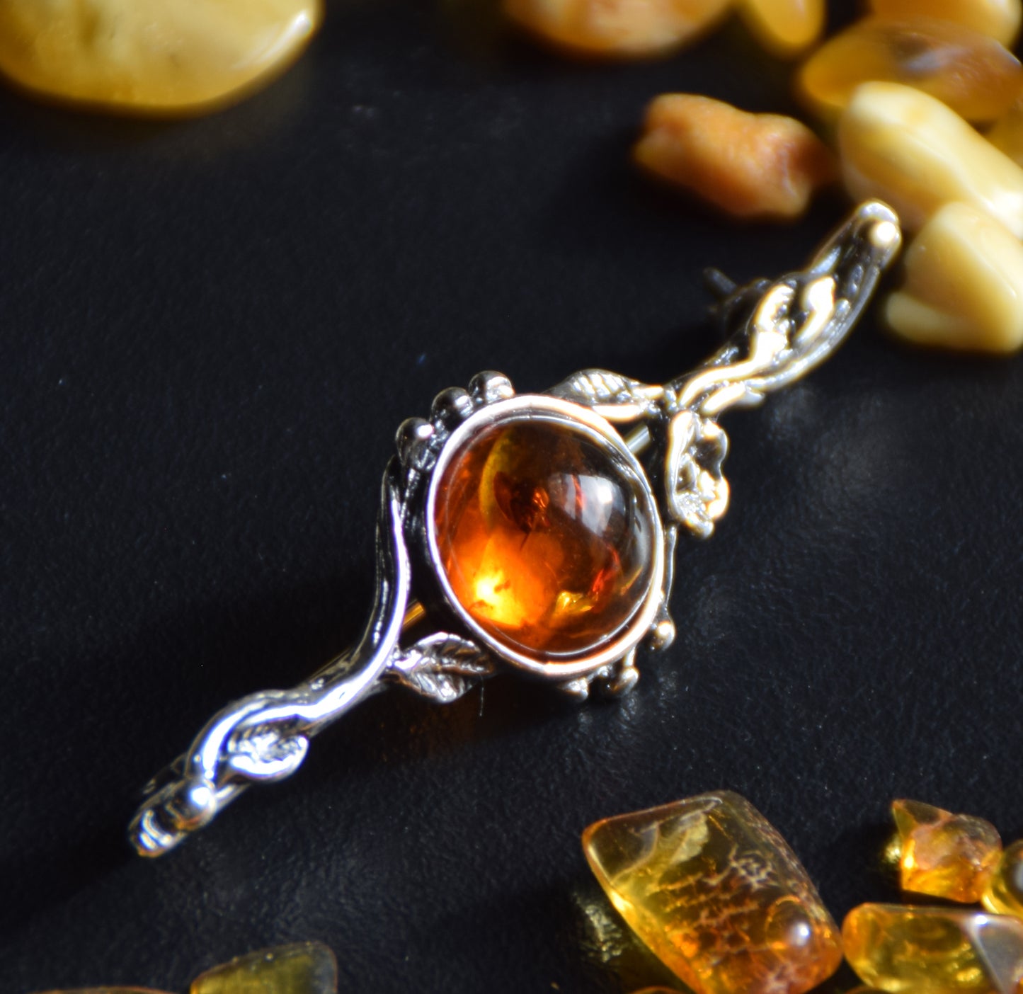 Vintage floral design brooch crafted with natural cognac Amber and 925 Sterling Silver, MJ Baltica, BBR063