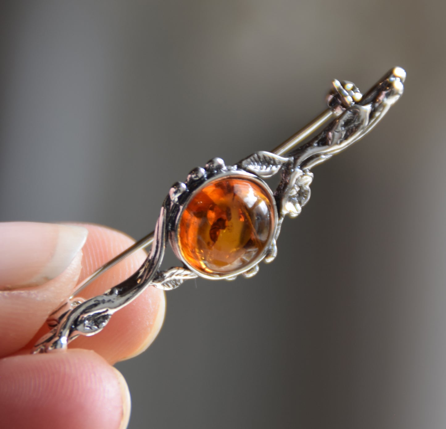 Vintage floral design brooch crafted with natural cognac Amber and 925 Sterling Silver, MJ Baltica, BBR063