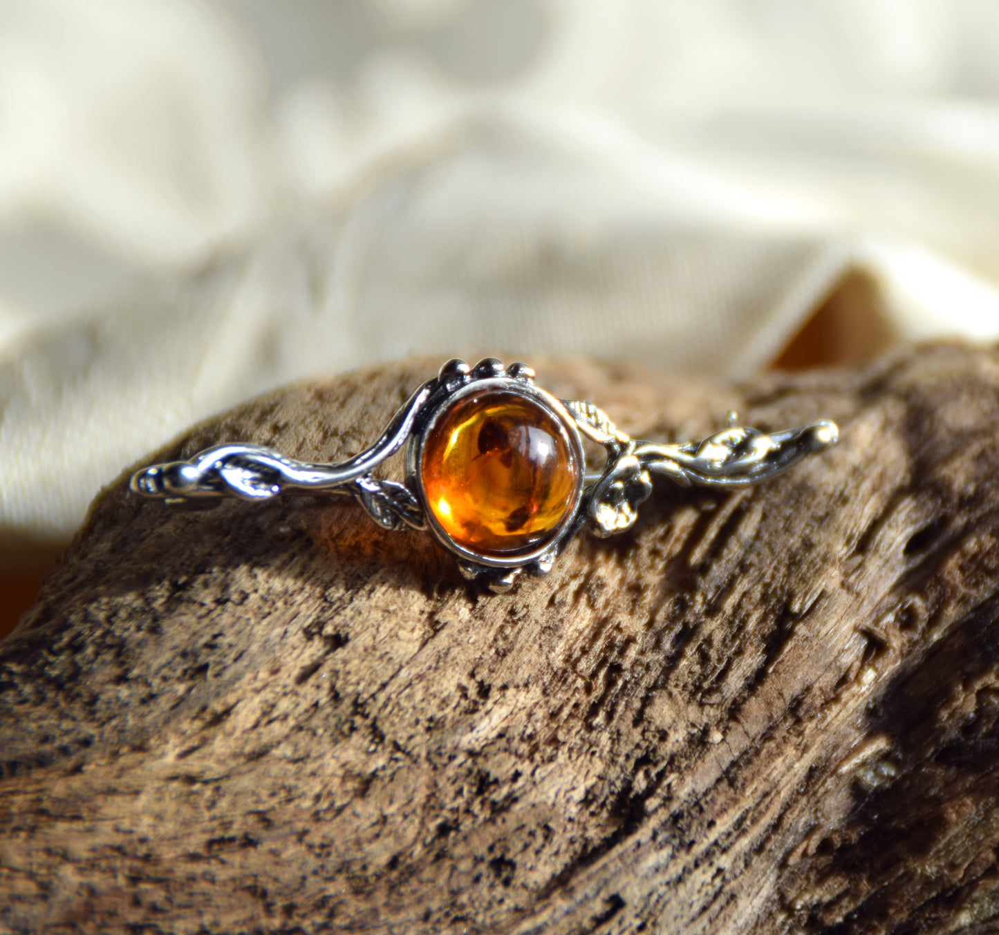 Vintage floral design brooch crafted with natural cognac Amber and 925 Sterling Silver, MJ Baltica, BBR063