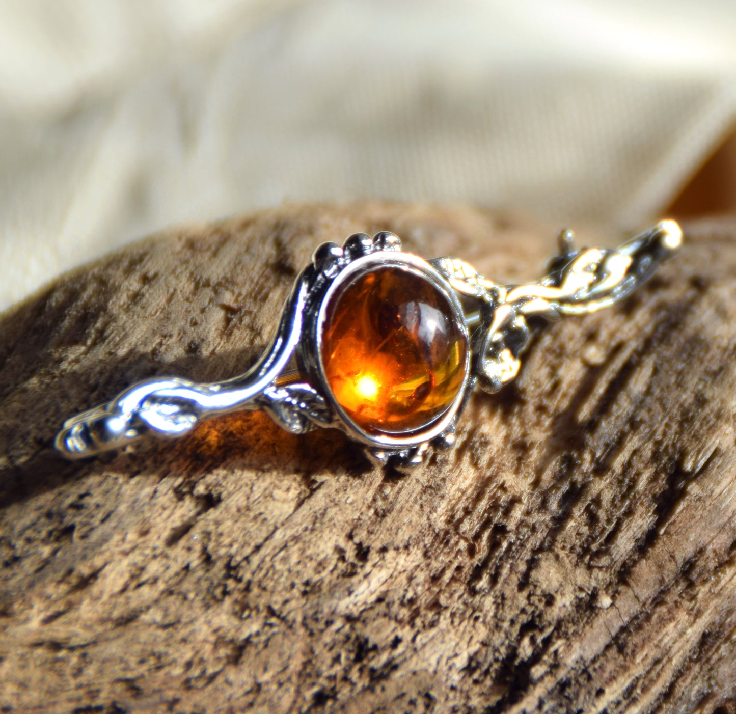 Vintage floral design brooch crafted with natural cognac Amber and 925 Sterling Silver, MJ Baltica, BBR063