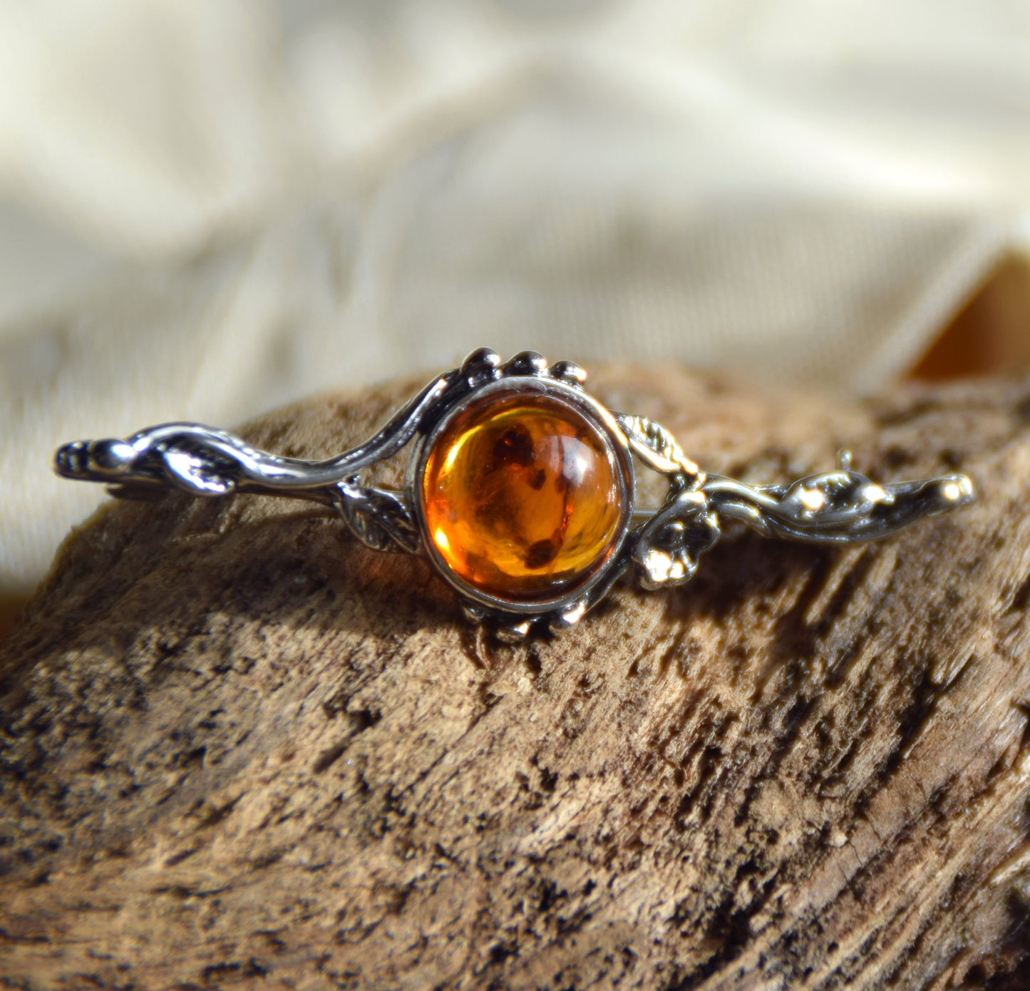 Vintage floral design brooch crafted with natural cognac Amber and 925 Sterling Silver, MJ Baltica, BBR063