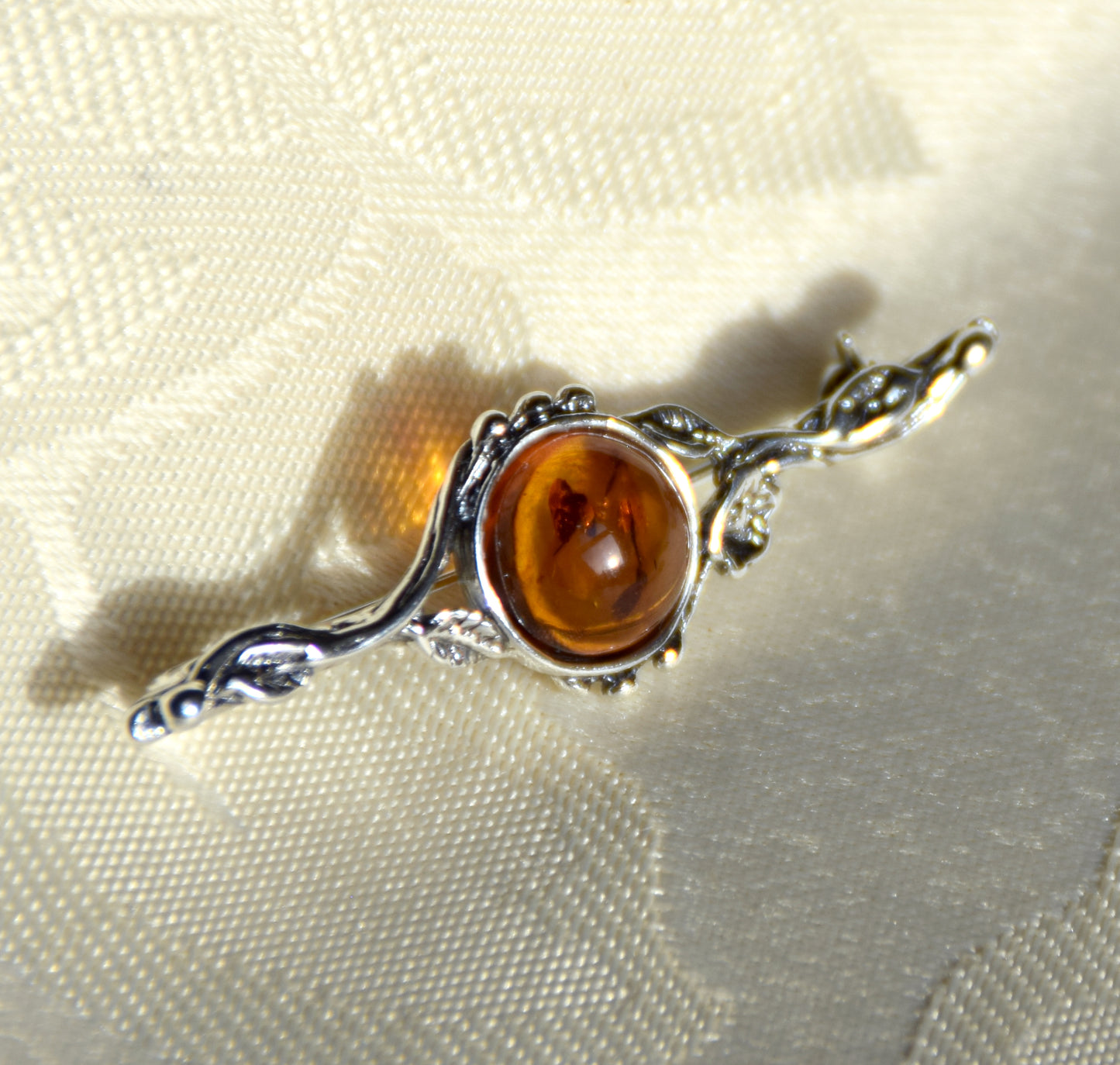 Vintage floral design brooch crafted with natural cognac Amber and 925 Sterling Silver, MJ Baltica, BBR063