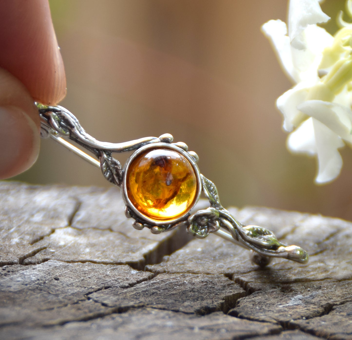Vintage floral design brooch crafted with natural cognac Amber and 925 Sterling Silver, MJ Baltica, BBR063