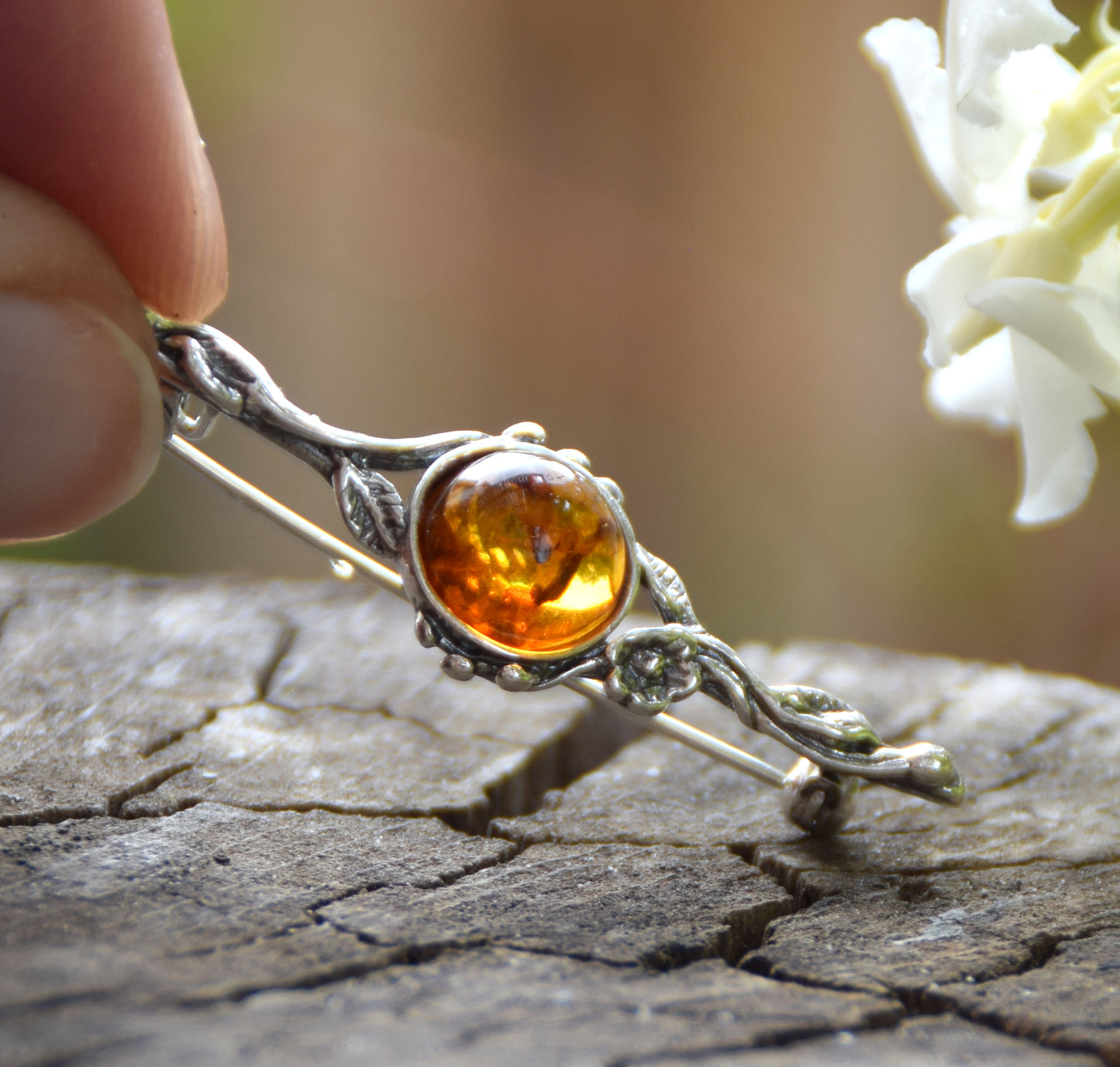 Vintage floral design brooch crafted with natural cognac Amber and 925 Sterling Silver, MJ Baltica, BBR063
