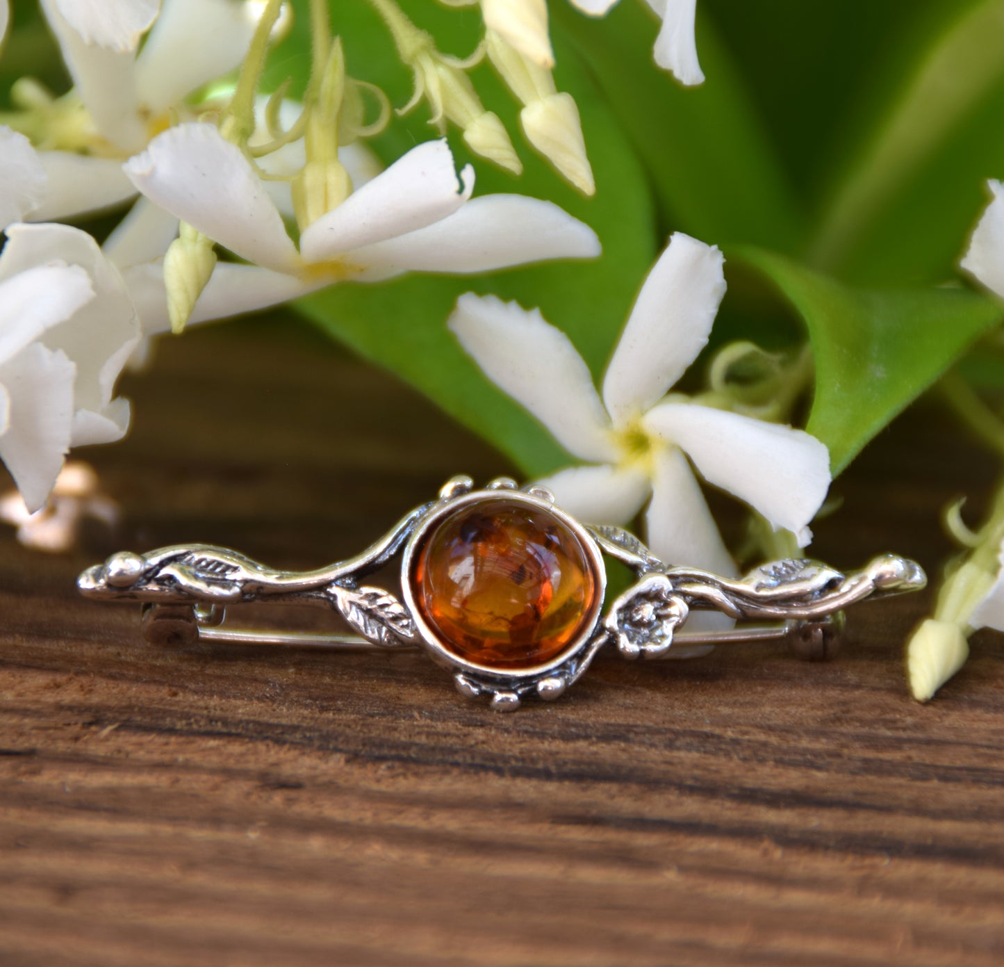 Vintage floral design brooch crafted with natural cognac Amber and 925 Sterling Silver, MJ Baltica, BBR063