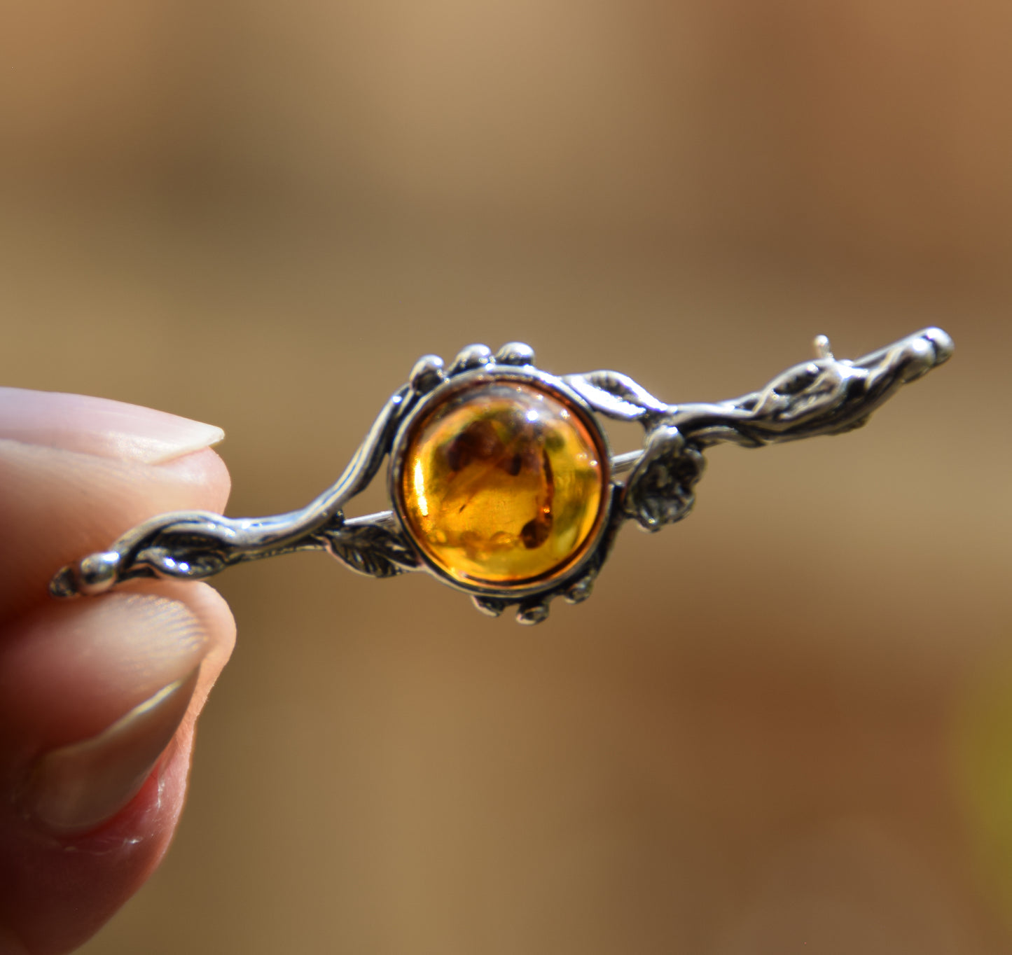 Vintage floral design brooch crafted with natural cognac Amber and 925 Sterling Silver, MJ Baltica, BBR063