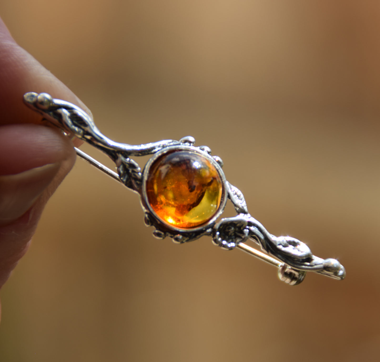 Vintage floral design brooch crafted with natural cognac Amber and 925 Sterling Silver, MJ Baltica, BBR063