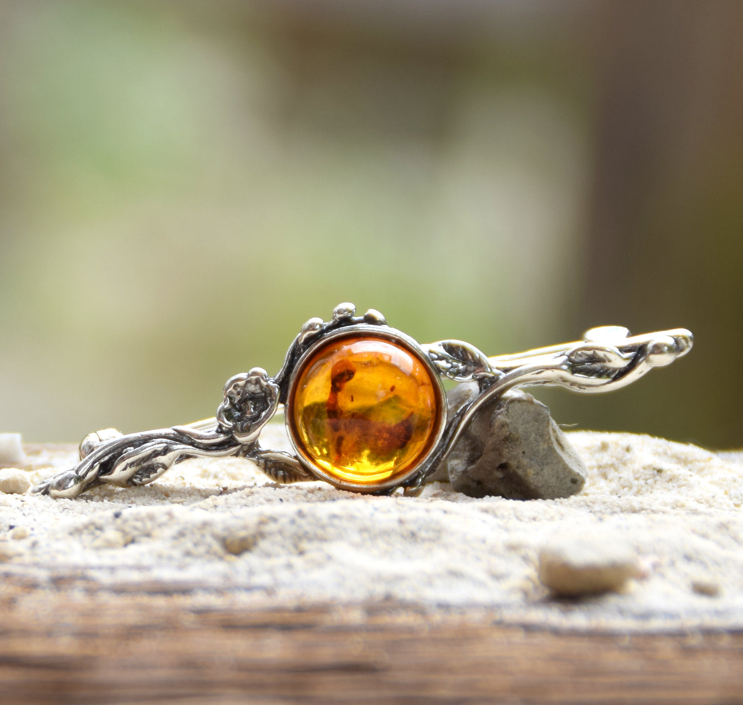 Vintage floral design brooch crafted with natural cognac Amber and 925 Sterling Silver, MJ Baltica, BBR063