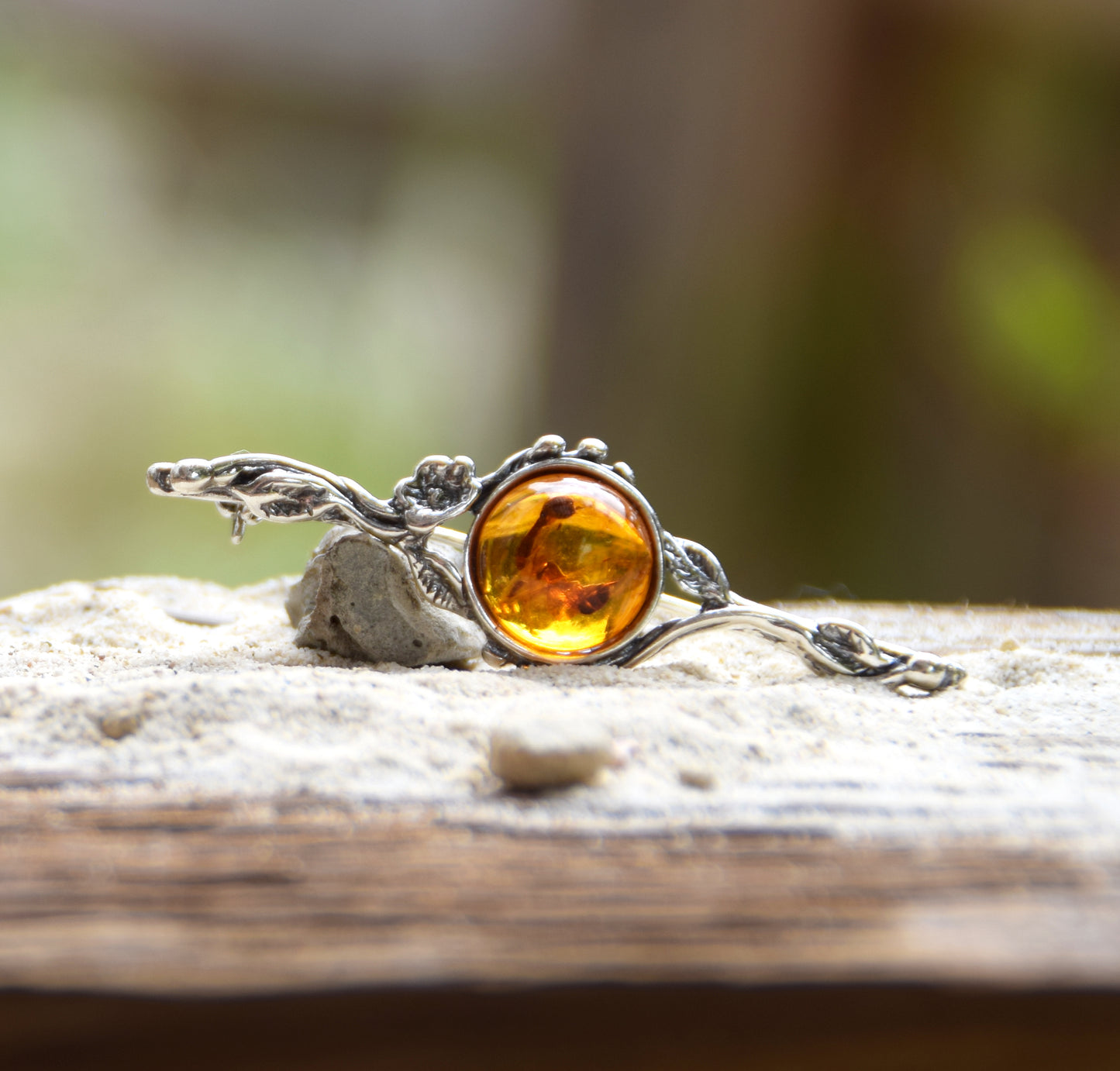 Vintage floral design brooch crafted with natural cognac Amber and 925 Sterling Silver, MJ Baltica, BBR063