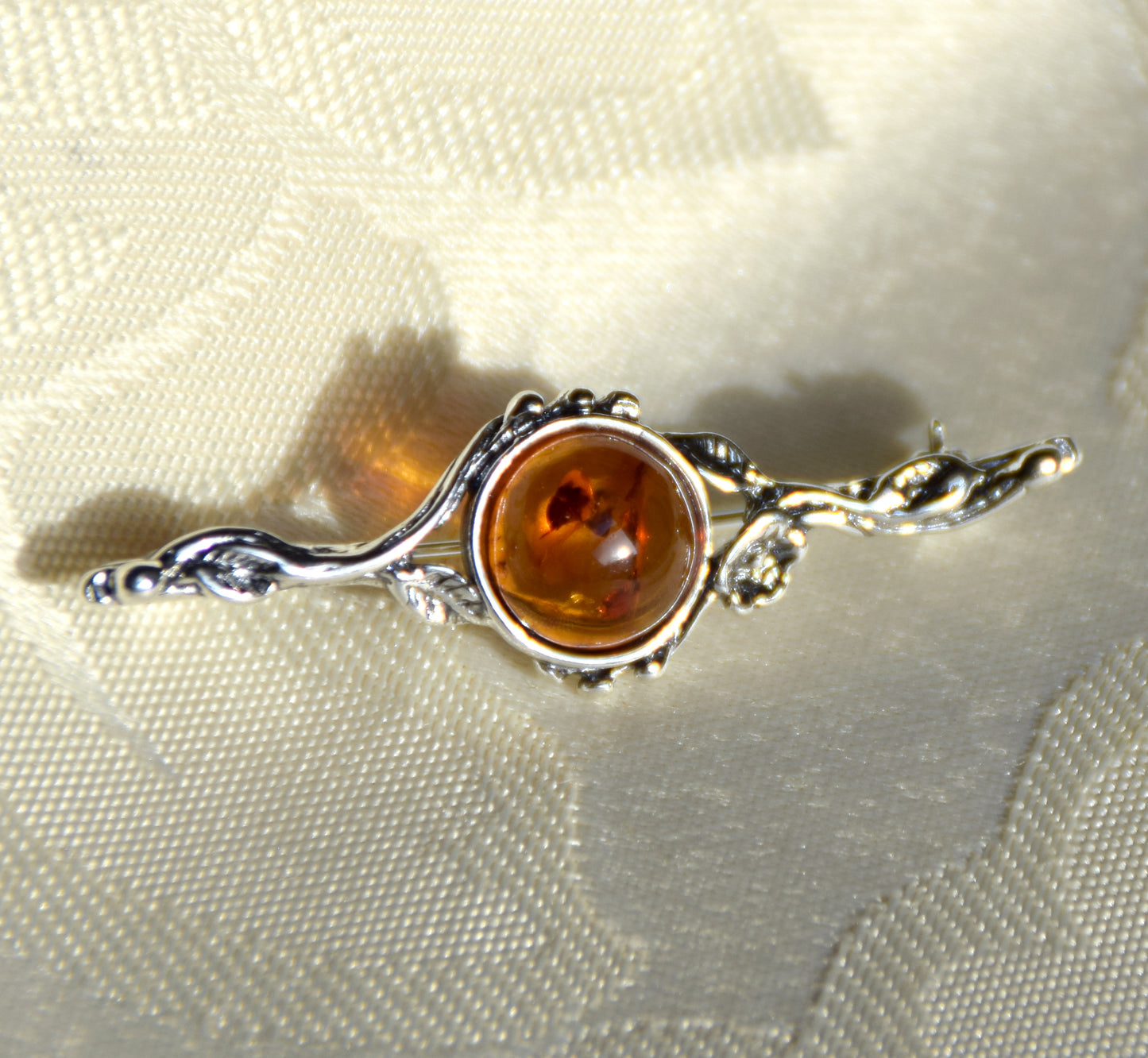 Vintage floral design brooch crafted with natural cognac Amber and 925 Sterling Silver, MJ Baltica, BBR063