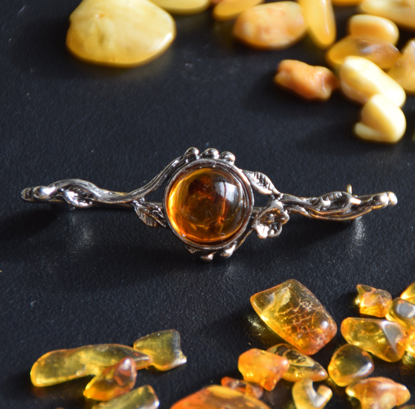 Vintage floral design brooch crafted with natural cognac Amber and 925 Sterling Silver, MJ Baltica, BBR063