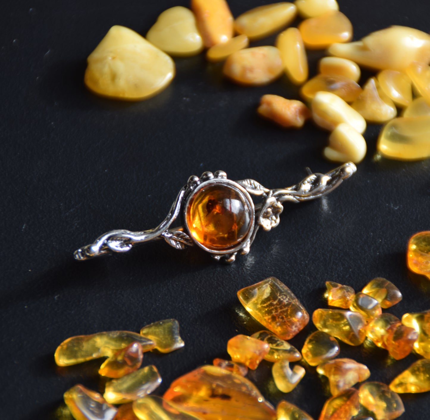 Vintage floral design brooch crafted with natural cognac Amber and 925 Sterling Silver, MJ Baltica, BBR063