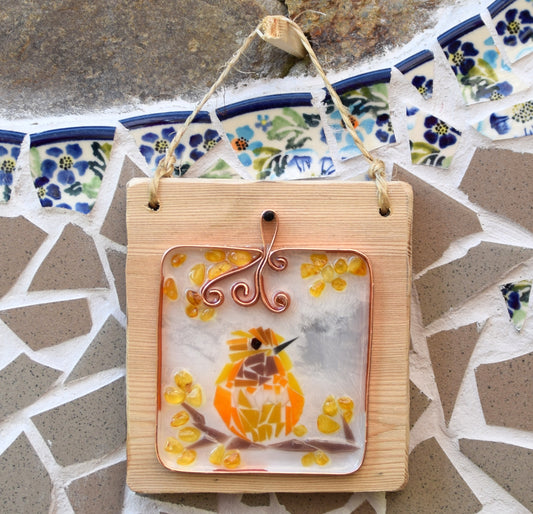 MJ Baltica, mosaico, Ambra naturale Baltica, quadretto, uccellino, resina, rame, artigianale, tridimensionale BF049