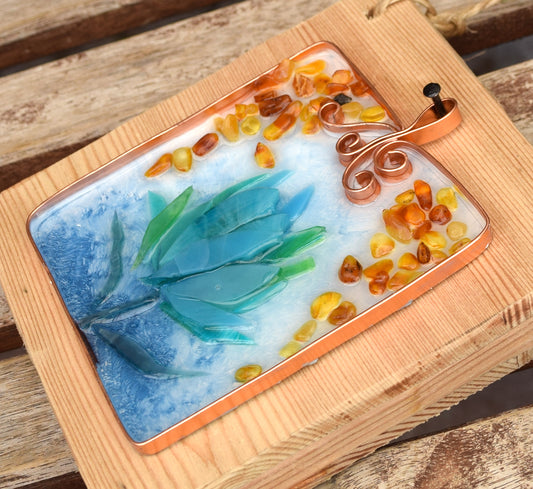 MJ Baltica, mosaic, natural Baltic amber, picture, flower, resin, copper, artisanal, handmade, three-dimensional BF053