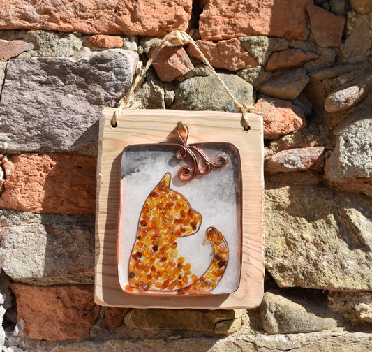 MJ Baltica, mosaic, natural Baltic amber, picture, cat, resin, copper, artisanal, handmade, three-dimensional BF056