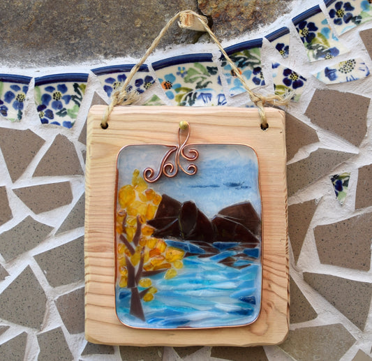 MJ Baltica, mosaico, Ambra naturale Baltica, quadretto, lago, montagna, albero, artigianale, tridimensionale BF058